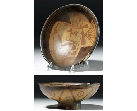 Pre-Columbian, Colombia, Carchi-Narino, Capuli Complex, ca. 850 to 1500 CE. A beautiful polychrome pedestal bowl depicting a 
