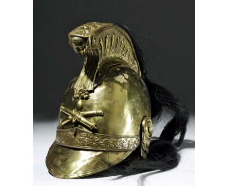 France, Second Empire, 1852 to 1871 CE. A striking brass dragoon helmet with a long, flowing horsehair tail and a leather han