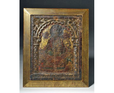 Russia, ca. 15th to 16th century CE. A very old surviving example of a wooden icon showing the Virgin Mary and baby Jesus in 