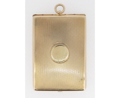 9CT GOLD MATCH / VESTA CASE, the outer case engine turned with raised circular vacant cartouche having suspender loop, 31.5gm