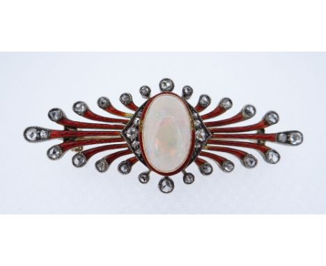 ART DECO OPAL &amp; DIAMOND SET ENAMELLED BROOCH the central oval cabochon opal (1.3 x 0.8cms) flanked with diamonds to the s