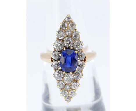 VICTORIAN MARQUISE SHAPE DIAMOND &amp; SAPPHIRE RING, 22 claw set diamonds with central sapphire (0.7 x 0.5cms) and unstamped