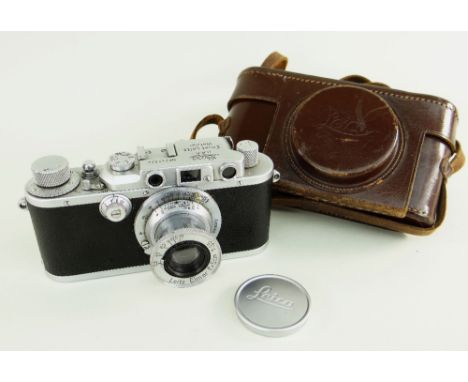 LEICA IIIa 35mm RANGEFINDER CAMERA, c. 1937-38, Serial no. 247224, with Elmar f/3.5 50mm chrome lens, lens cap, base engraved