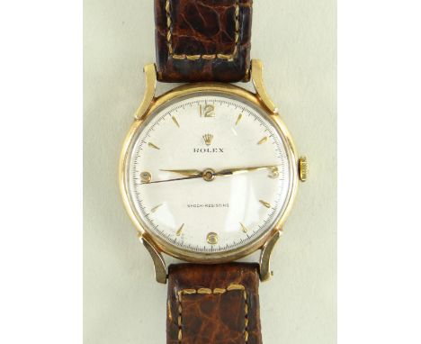 9CT GOLD ROLEX PRECISION WRISTWATCH, the silvered dial having raised gilt baton markers and Arabic numerals at 3, 6, 9 and 12
