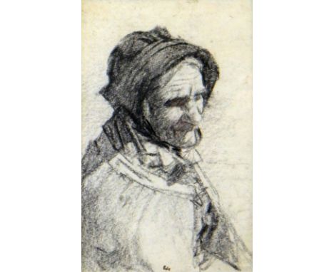 WALTER LANGLEY R.I., R.S.I. (1852 - 1922) charcoal sketch - head and shoulders study of an elderly lady, signed in ink with i