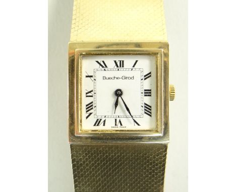 9CT GOLD BUECHE GIROD GENTS WRISTWATCH having square enamel dial with Roman numeral chapter ring, seventeen jewel movement, w