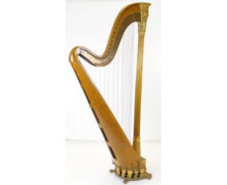 FINE WILLIAM IV BIRDS EYE MAPLE &amp; PARCEL GILT GRECIAN HARP, by Jacob &amp; James Erat, c. 1835-40, the double-action 43-s