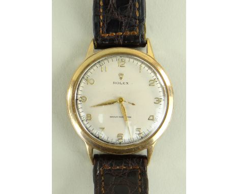 9CT GOLD ROLEX PRECISION WRISTWATCH, the silvered dial having raised gilt Arabic numerals. The inside of outer case marked 'D