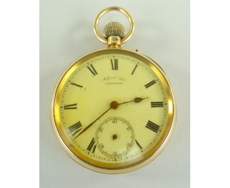 18CT YELLOW GOLD OPEN FACED POCKET WATCH, the enamel face having Roman numeral chapter ring and subsidiary seconds dial. Comi