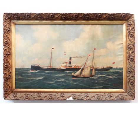 JOHN HENRY MOHRMANN (1857 - 1916) oil on canvas - depicting the cargo ship 'Reresby' with pilot cutter 'Antwerpen 14', 59 x 9