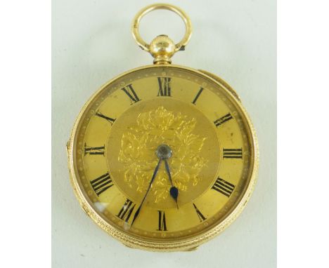 18CT GOLD OPEN FACED POCKET WATCH, key wind having Roman numeral chapter ring, heart, foliate and scroll engraved case. The m