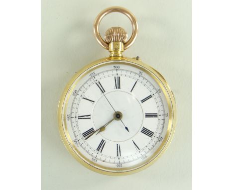 18k GOLD OPEN FACED CHRONOGRAPH POCKET WATCH having stepped enamel dial with Roman numeral chapter ring, numbered 64325, stop