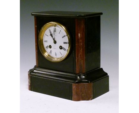 Victorian black slate and red marble cased mantel clock, the white enamel dial with Roman numerals, French brass movement str