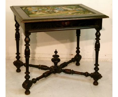 Old reproduction 17th Century style side table having inset tapestry design panel top, fitted one drawer, raised on turned su