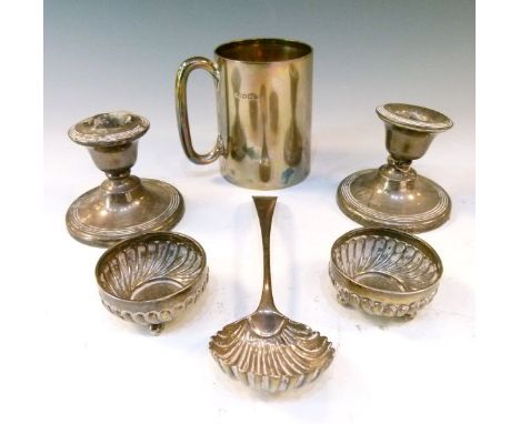 George V silver christening mug Sheffield 1916, George III silver sauce ladle London 1786, pair of Victorian silver salts Bir