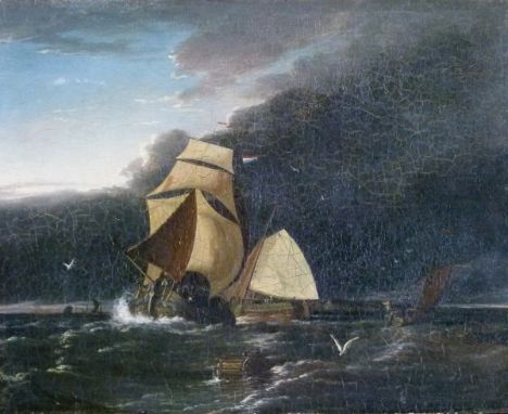 19th Century English School - Oil on wooden panel - Stormy seascape with sailing vessels, unsigned, unframed   Condition: 