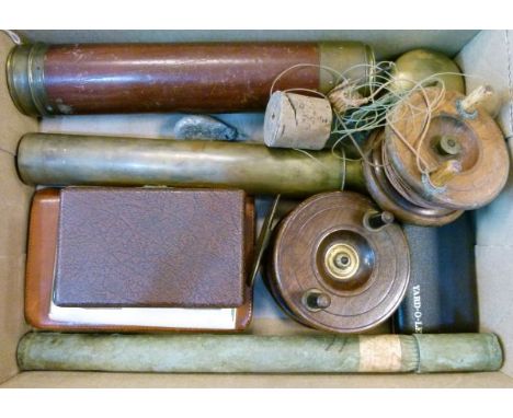 Interesting miscellanea including; brass and mahogany telescope, fishing reels, brass watch case, mortar, barometer etc   Con