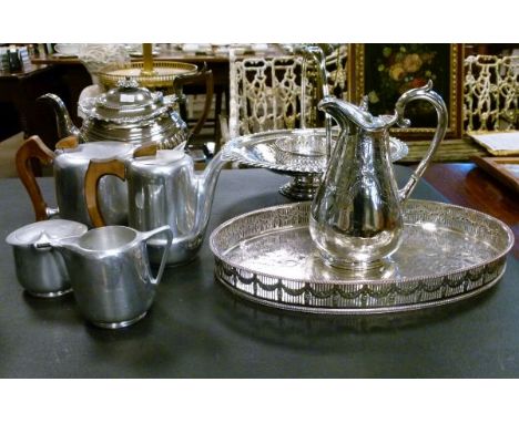 Picquot Ware four piece aluminium tea set and a quantity of silver plated wares (part shelf)   Condition: 