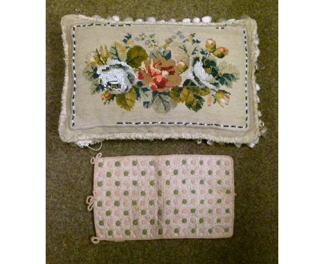 Late 19th Century needlework and beadwork rectangular cushion together with a quantity of crochet work, linen etc (one shelf)