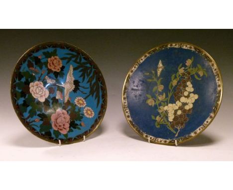 Two late 19th/early 20th Century Japanese cloisonné dishes, the first decorated with a bird amongst foliage on a pale blue gr