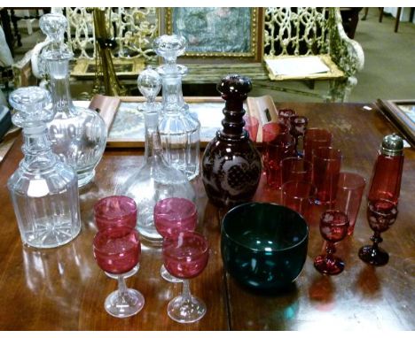 Five decanters, a quantity of cranberry glass beakers etc (part shelf)   Condition: 