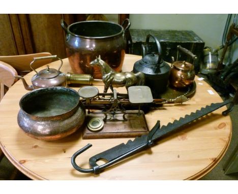 Large copper two handled vessel, two copper kettles and one other cast iron kettle, brass postage scales, adjustable steel po