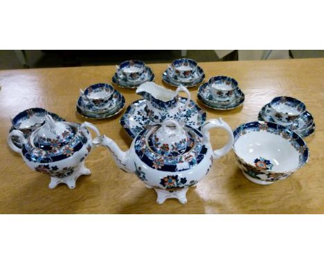 19th Century Hibbert & Boughey tea service having foliate decoration in iron-red, blue and green on a white ground   Conditio