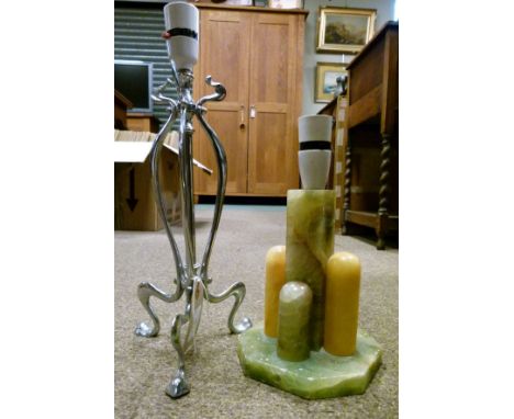 Art Nouveau design silver plated tripod table lamp and an Art Deco design green marble table lamp   Condition: 