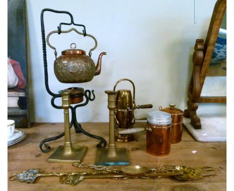 Copper spirit kettle on wrought iron stand, pair of 19th Century brass candlesticks, brass toasting forks etc (part shelf)   