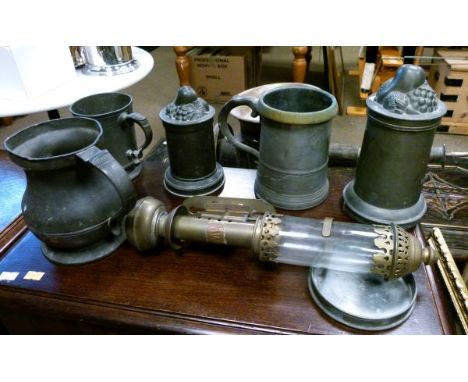 Pewter tankards, carriage lamp etc (one shelf)   Condition: 