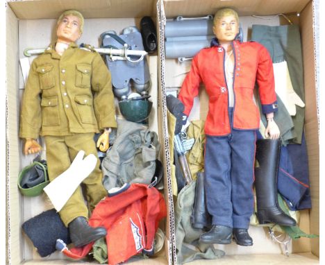 Two vintage Action Man figures with clothes and accessories