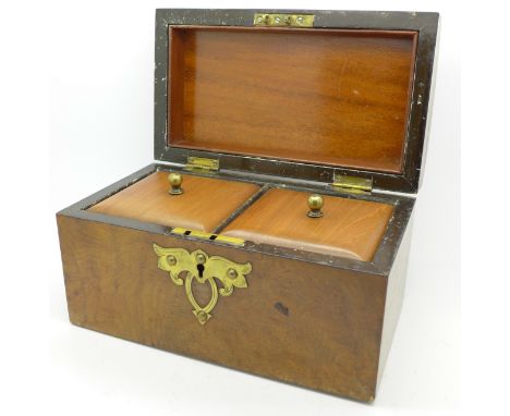 A walnut and brass mounted two compartment tea caddy