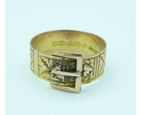 A Victorian 9ct gold buckle ring, 2.8g, Q