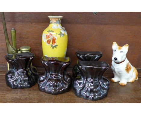 A cloisonne opium pipe, a/f, a Sylvac dog, a Satsuma vase, a/f and four sash stands