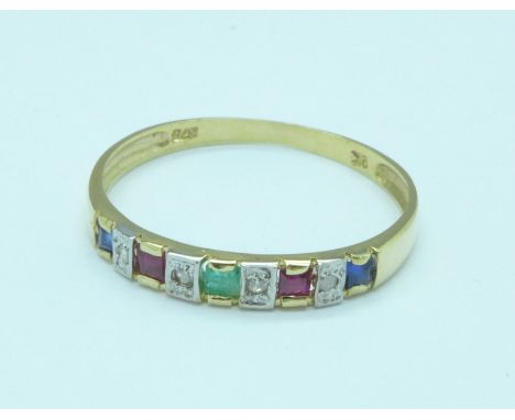 A 9ct gold and multi-coloured stone set ring including diamonds, 0.8g, O