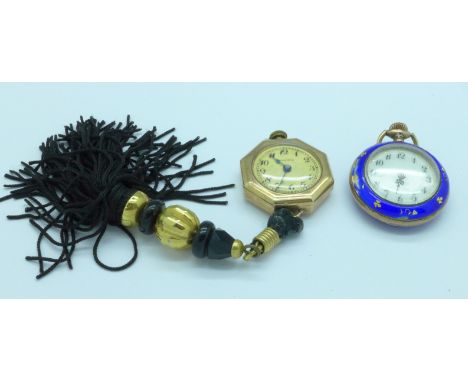 An enamel fob watch and one other fob watch with movement marked Wuilleumier Frères, enamel a/f