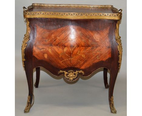 A 19TH CENTURY FRENCH LOUIS XVI DESIGN BOMBE MARQUETRY COMMODE with removable tray top with carrying handles, floral inlay wi