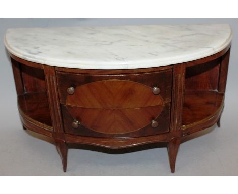 A GOOD 19TH CENTURY APPRENTICES MAHOGANY DEMILUNE COMMODE with white marble top, two drawers to the front with open sides, su