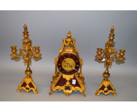 A VERY GOOD 19TH CENTURY FRENCH ORMOLU AND MARBLE THREE PIECE CLOCK GARNITURE, the movement stamped EB 6247, eight day striki