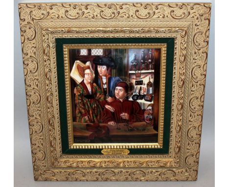JEAN PAUL LOUP (1867-1948) FRENCH “The Money Exchanges” after PETRUS CHRISTUS. A SUPERB LIMOGES ENAMEL PLAQUE Signed. 8.5ins 