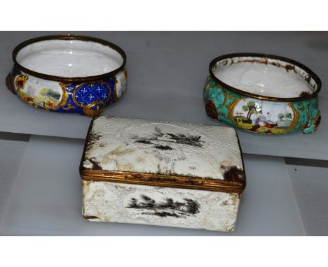TWO BILSTON ENAMEL SNUFF BOXES and a LARGER BOX (AF).