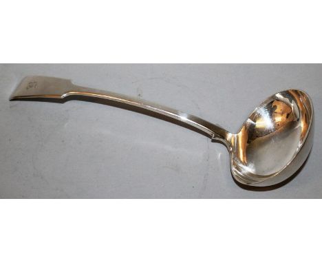A VICTORIAN FIDDLE PATTERN SOUP LADLE. 13ins long Engraved Initial B London 1896 Maker: G.M.J. Weight 10ozs.