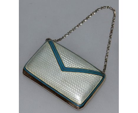 A GEORGE V SILVER AND ENAMEL PURSE ON CHAIN. Birmingham 1910.