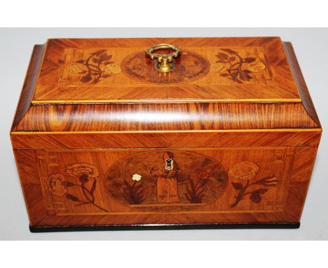A VERY GOOD GEORGE III KINGWOOD INLAID TEA CADDY, crossbanded sides, floral inlay and ovals with stationary interior 9.5ins w