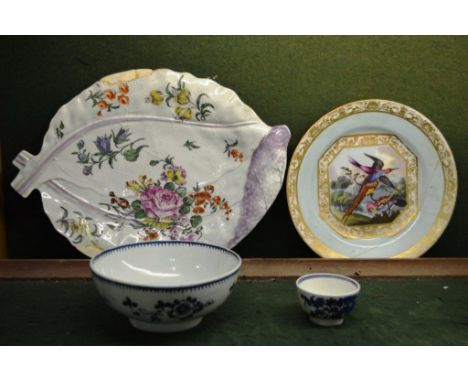 A WORCESTER LARGE COS LETTUCE LEAF SHAPE DISH painted with flowers, a Derby turquoise ground plate painted by Richard Dodson,