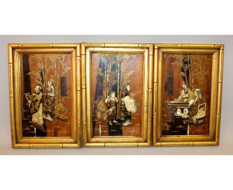 A SET OF THREE GOOD QUALITY JAPANESE MEIJI PERIOD FRAMED MOTHER-OF-PEARL & IVORY ONLAID LACQUERED WOOD PLAQUES, depicting var