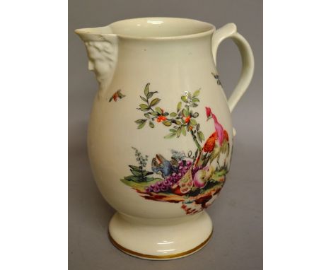 AN 18TH CENTURY DERBY LORD ADMIRAL RODNEY MASK JUG, baluster shaped with scroll handle, painted with birds and fruit and foli