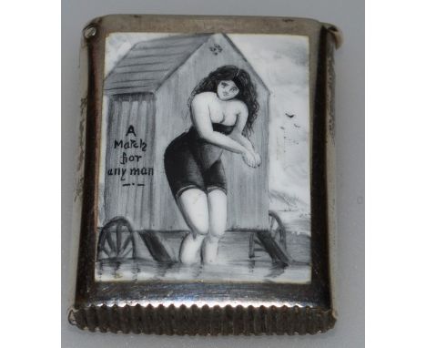 A VICTORIAN SILVER AND ENAMEL VESTA “A MATCH FOR EVERY MAN”, young girl and bathing booth Birmingham 1887 Maker: L.E.