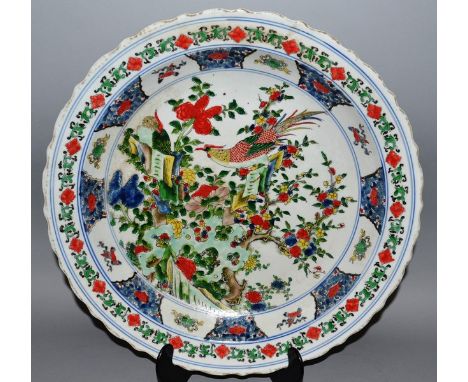 A LARGE CHINESE ENAMEL PLAQUE, flowers and birds Bears six character mark 17ins.