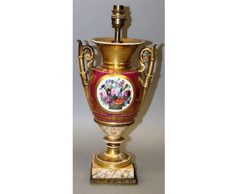 A PARIS PORCELAIN TWO HANDLED VASE converted to a lamp.